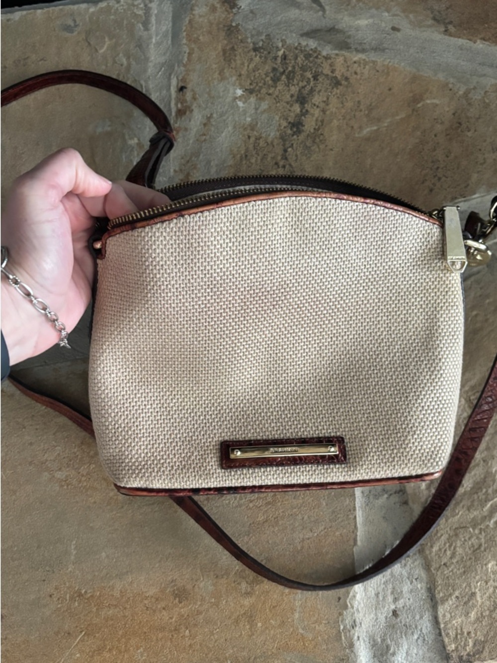 Vintage Brahmin Beige Canvas Crossbody with Brown Croc embossed Leather Trim